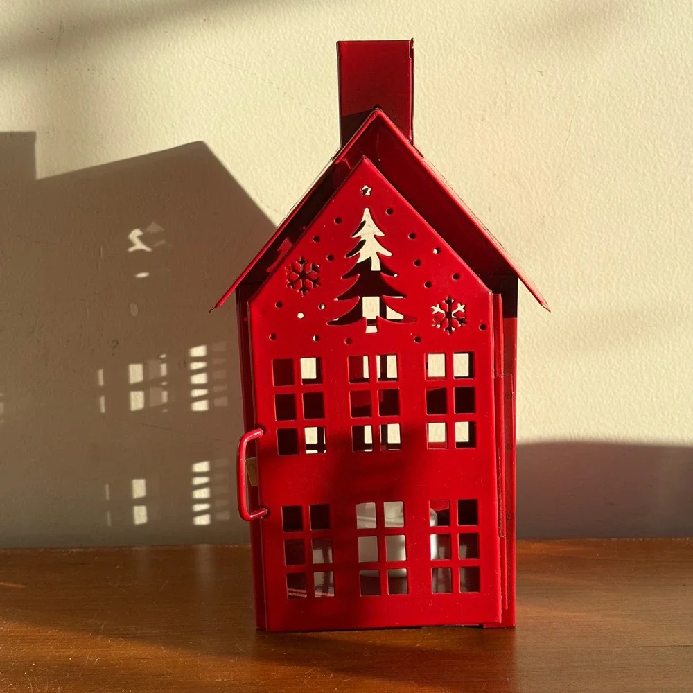 Red Metal Christmas House Lantern LED Tea Light Holiday Decor Tree Snowflake
